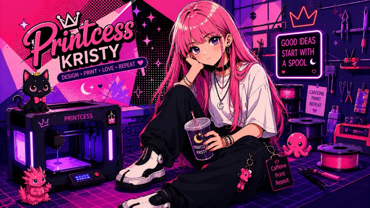 Official Printcess Kristy pink-haired anime mascot in a neon 3D printing studio with her black cat